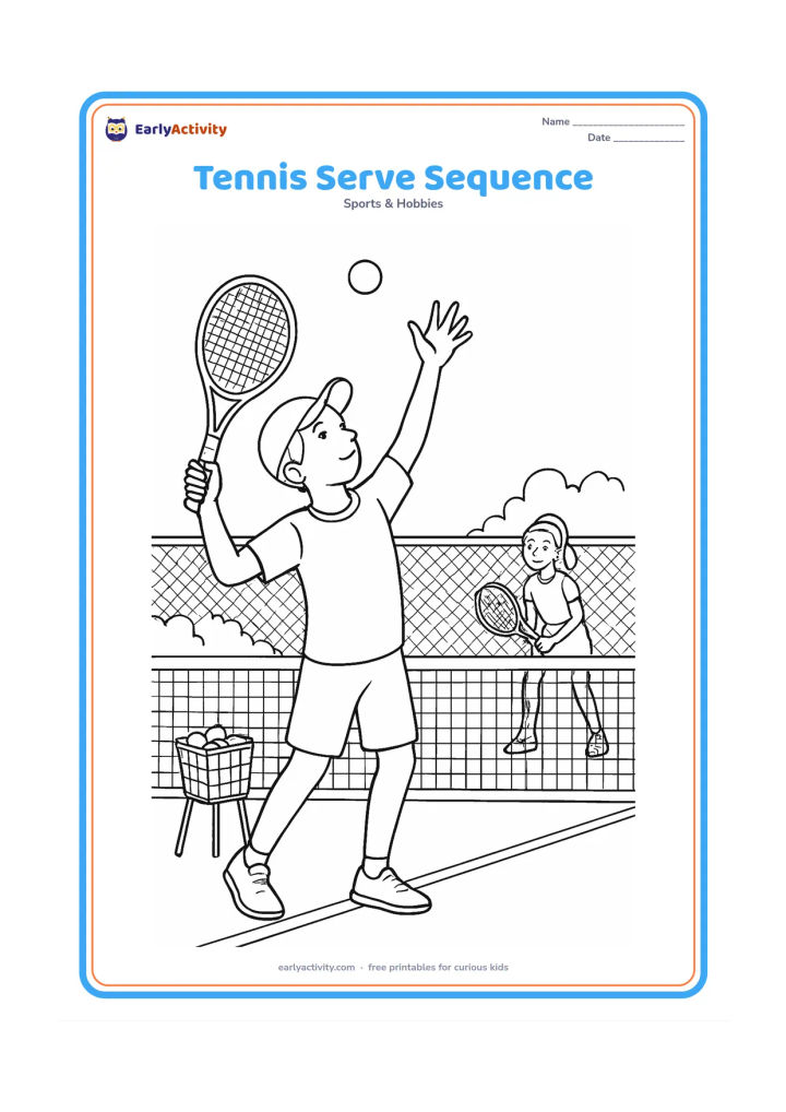 Colouring page: A single detailed court scene shows one player at the peak of a serve toss, racket raised, ball overhead, and opponent ready across the net, with a ball basket and fence behind.