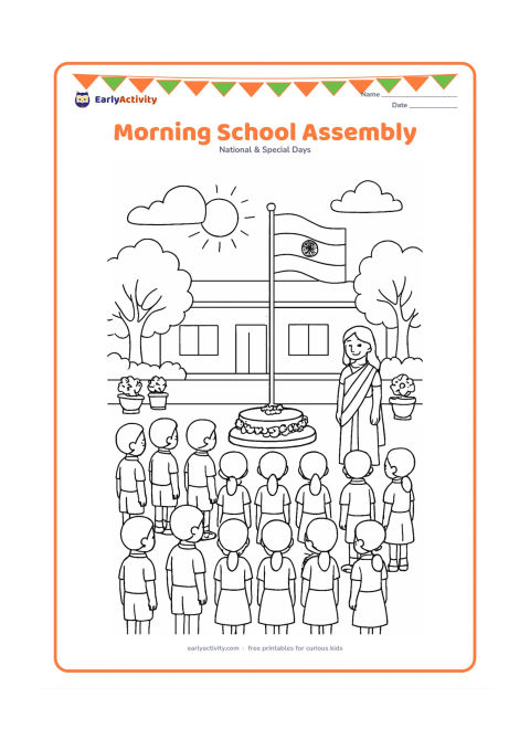 Colouring page: Draw children standing in rows during a morning school assembly, facing an Indian flag on a decorated stand while a teacher stands to one side. Include a school courtyard, trees, flower…