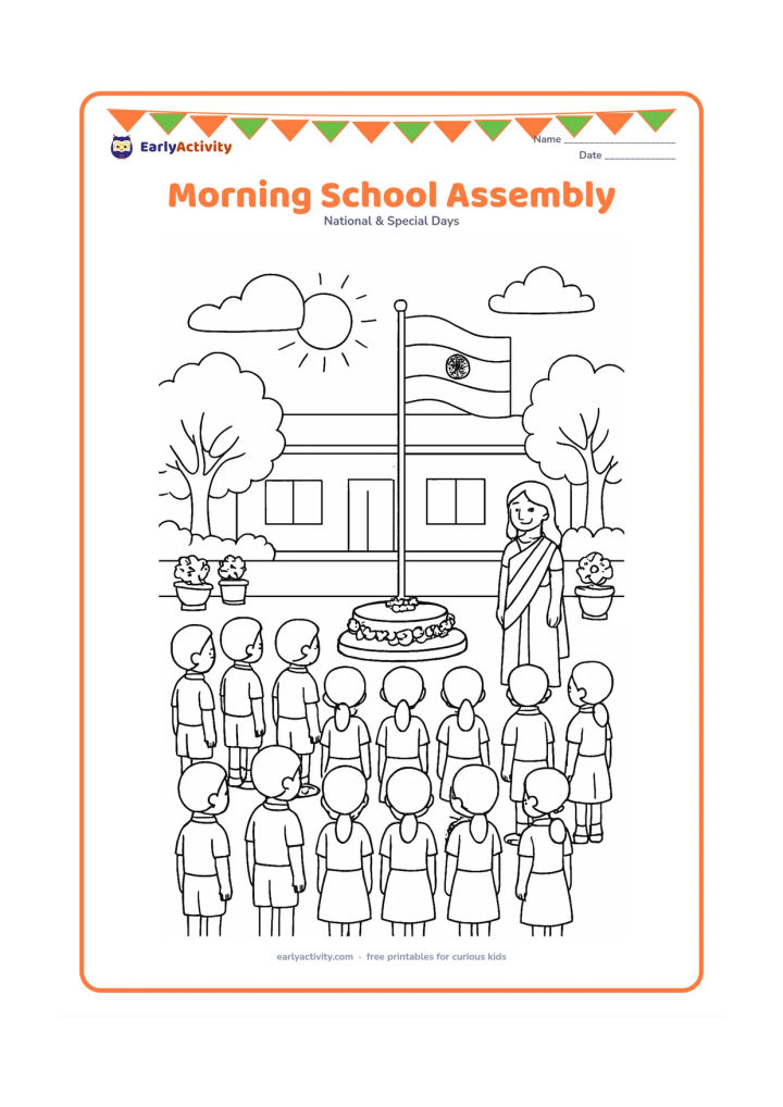 Colouring page: Draw children standing in rows during a morning school assembly, facing an Indian flag on a decorated stand while a teacher stands to one side. Include a school courtyard, trees, flower…