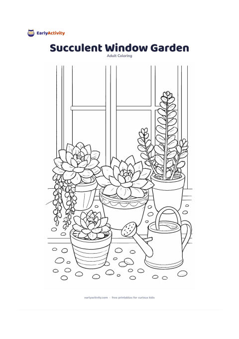 Colouring page: Draw several succulents in varied pots on a windowsill, including rosette-shaped, trailing, and tall clustered forms. Add small pebbles, a watering can, and soft leaf shadows from…