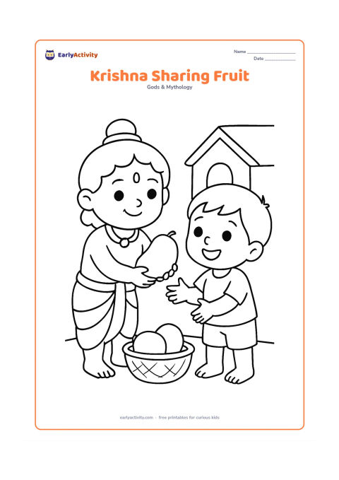 Colouring page: Draw Krishna offering one large mango to a smiling child friend. Add a simple basket with two more round fruits and a small village doorway.