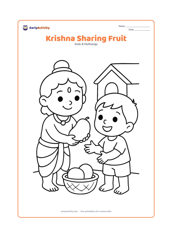 Colouring page: Draw Krishna offering one large mango to a smiling child friend. Add a simple basket with two more round fruits and a small village doorway.