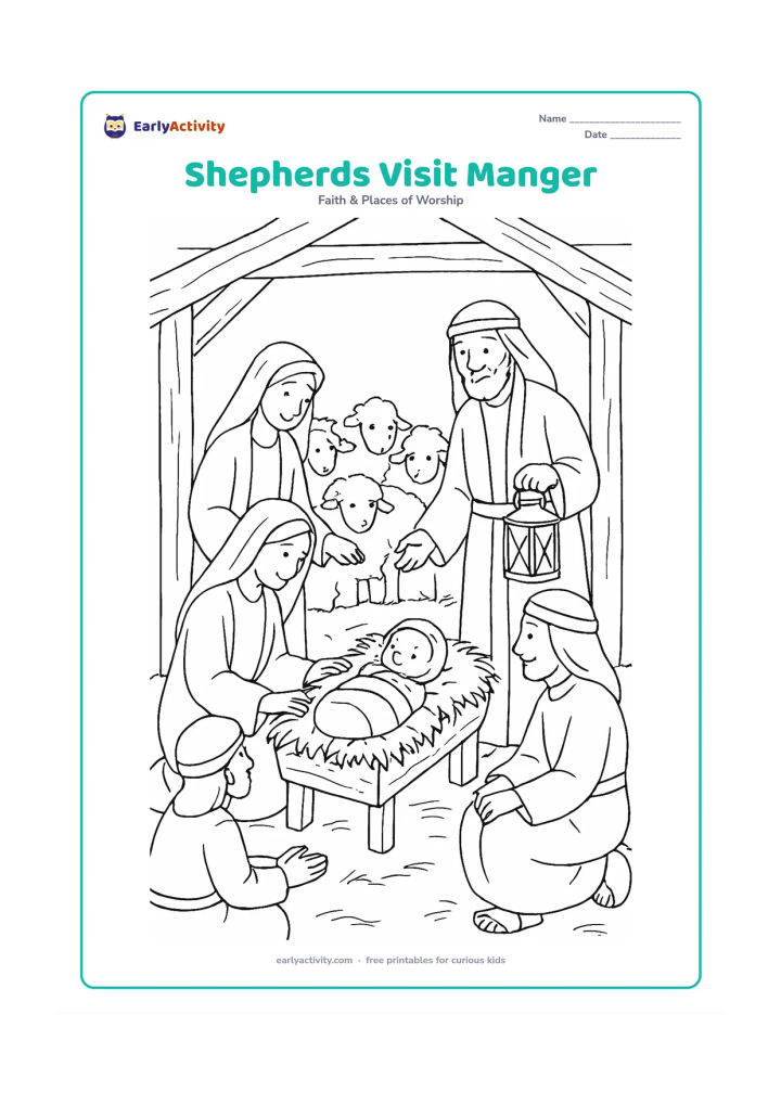 Colouring page: Show several shepherds kneeling and standing around the manger as they visit baby Jesus, with sheep gathered behind them. Include Mary welcoming them, Joseph holding a lantern, rough…