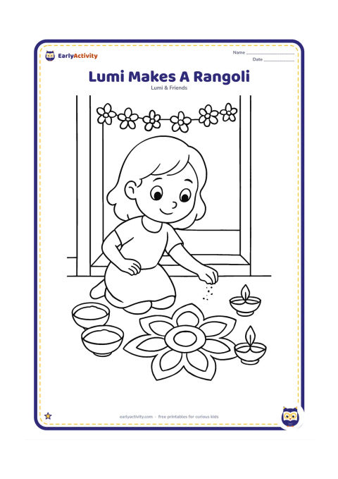 Colouring page: Lumi uses a pinched handful of powder to add a petal shape to a medium-sized rangoli at a home entrance. Include bowls of coloured powder, two diyas, a threshold and simple flower garlands.