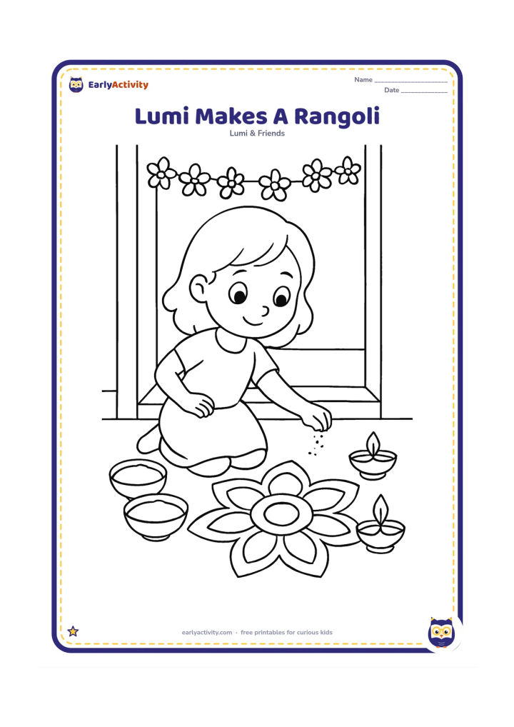 Colouring page: Lumi uses a pinched handful of powder to add a petal shape to a medium-sized rangoli at a home entrance. Include bowls of coloured powder, two diyas, a threshold and simple flower garlands.