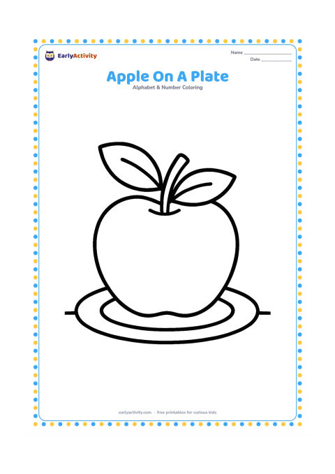 Colouring page: Draw one large apple centered on a plain plate, with a short stem and two leaves. Add only a small table edge beneath it so the shape has plenty of open space.