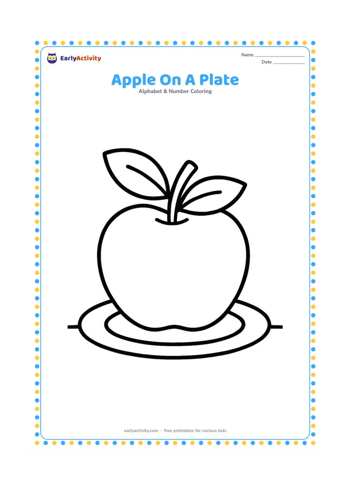 Colouring page: Draw one large apple centered on a plain plate, with a short stem and two leaves. Add only a small table edge beneath it so the shape has plenty of open space.