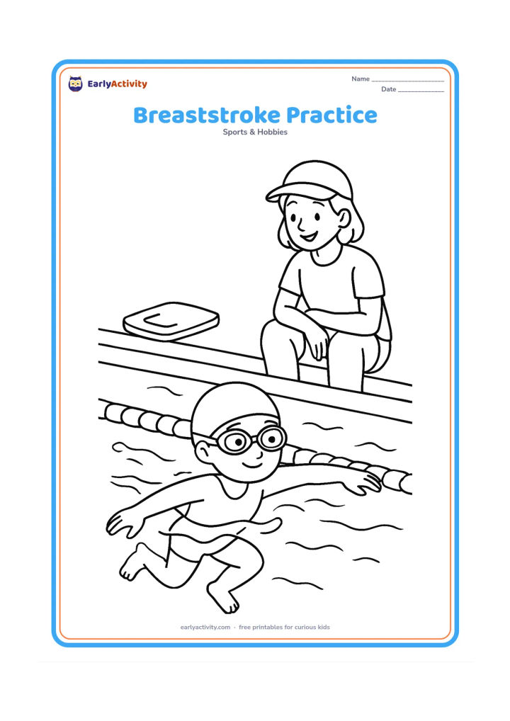 Colouring page: A child practices breaststroke in a pool, arms sweeping outward and knees bending beneath the water. Include a coach on the pool deck, a kickboard and lane ropes, with no text or symbols.