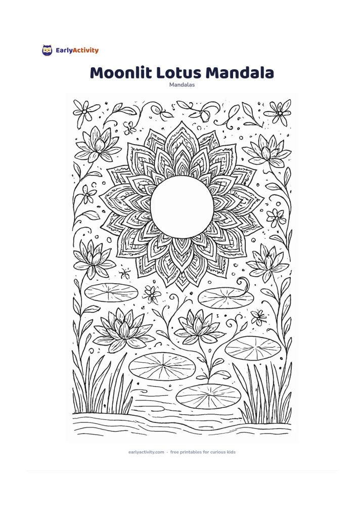 Colouring page: Create a lotus mandala with several layers of pointed petals, lily pads and winding water plants around a central full moon shape with no facial features or markings. Add a quiet pond…