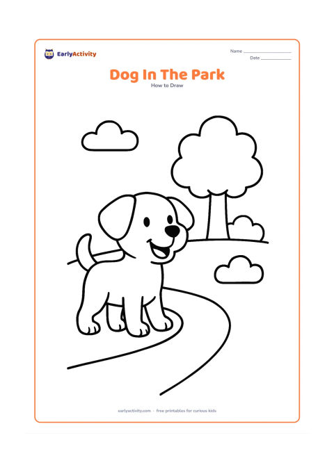 Worksheet: Show blank, unlabeled stages for a happy dog standing on a path, followed by a tree, clouds and two simple bushes. The dog should remain the largest object in the picture.