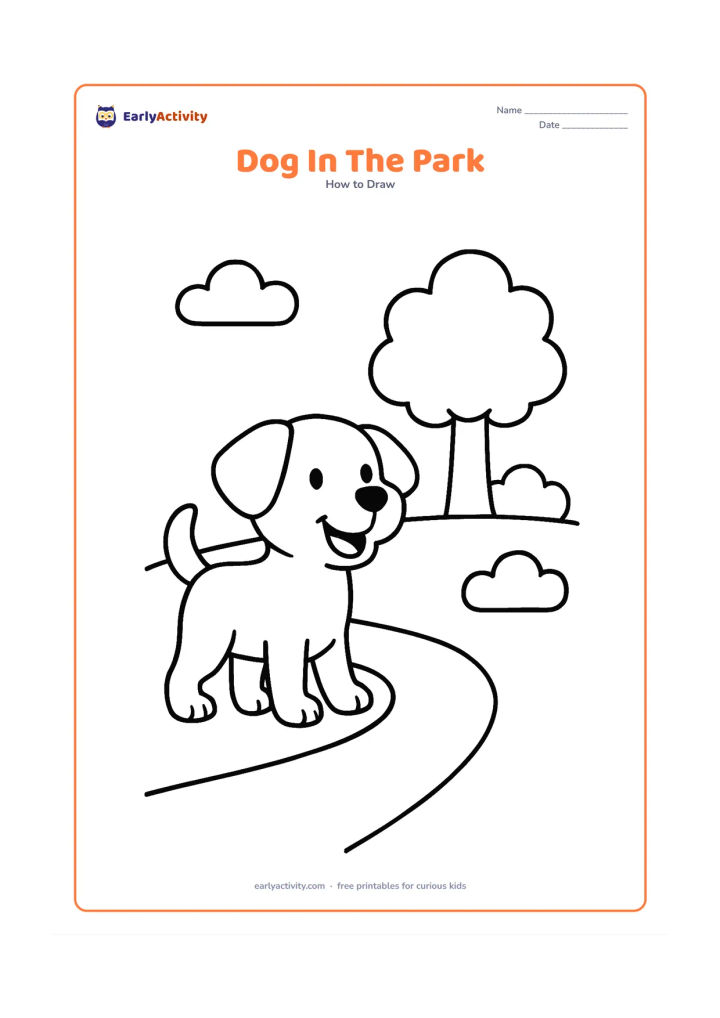 Worksheet: Show blank, unlabeled stages for a happy dog standing on a path, followed by a tree, clouds and two simple bushes. The dog should remain the largest object in the picture.