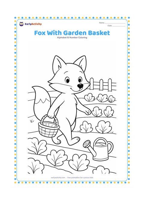 Colouring page: Draw a fox carrying a small basket through a vegetable garden, with broad rows, leafy plants, a watering can and a low fence behind it.
