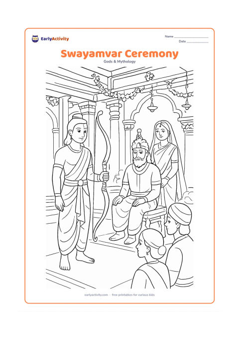 Colouring page: Ram stands near the great bow at Sita's swayamvar while Sita, King Janaka, and seated guests observe from a decorated palace hall with pillars, flowers, and lamps.