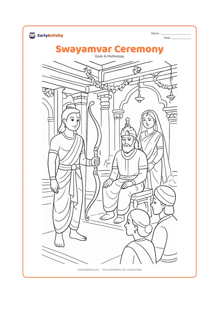 Colouring page: Ram stands near the great bow at Sita's swayamvar while Sita, King Janaka, and seated guests observe from a decorated palace hall with pillars, flowers, and lamps.