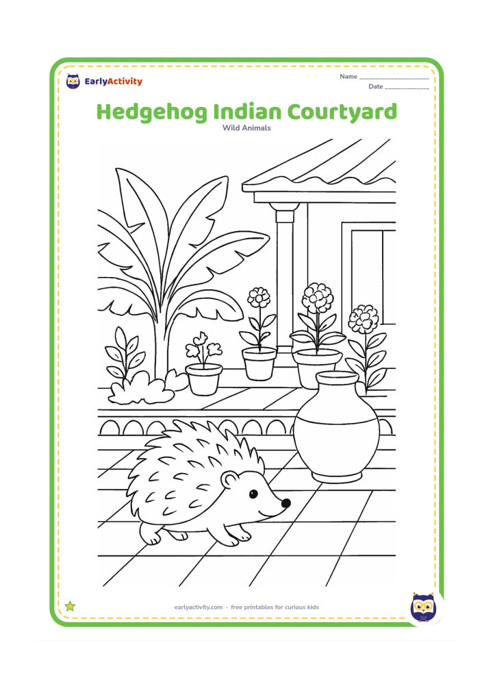 Colouring page: Draw a hedgehog exploring a peaceful Indian courtyard garden with potted plants, a low patterned-but-empty border, broad banana leaves, marigolds and a clay water pot. Include a simple…