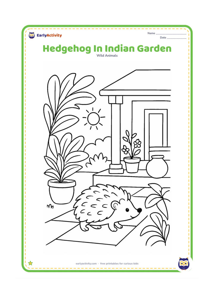 Colouring page: Draw a hedgehog exploring a sunny Indian home garden beside a low veranda, with potted plants, a clay pot and broad tropical leaves. Include a simple tiled path without any patterns or…