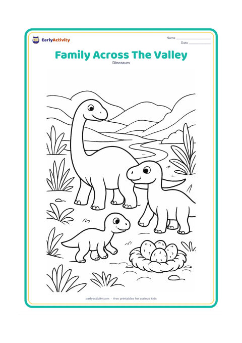 Colouring page: Draw a baby dinosaur walking with two larger, gentle plant-eating dinosaurs through a broad prehistoric valley. Include layered hills, a winding stream, tall plants and a nest near the…