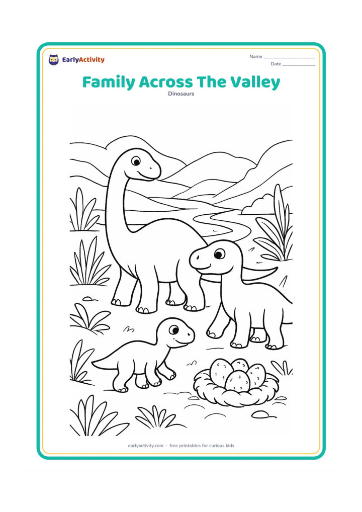 Colouring page: Draw a baby dinosaur walking with two larger, gentle plant-eating dinosaurs through a broad prehistoric valley. Include layered hills, a winding stream, tall plants and a nest near the…
