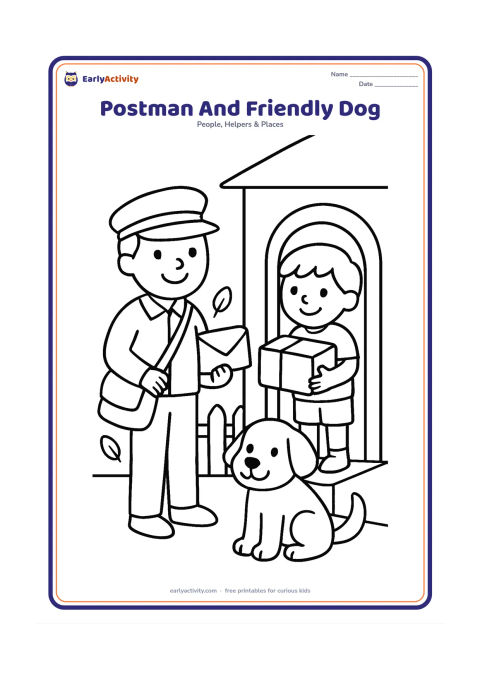 Colouring page: A smiling postman stands outside a home while a friendly dog sits beside him and a child receives a parcel. Include a gate and a few leaves.
