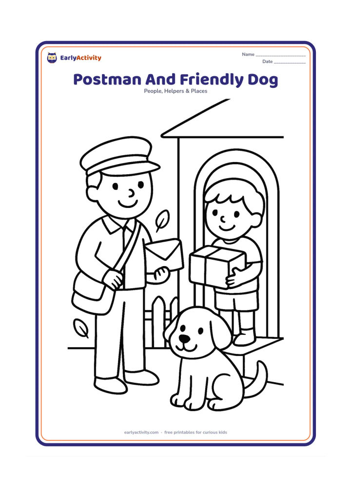 Colouring page: A smiling postman stands outside a home while a friendly dog sits beside him and a child receives a parcel. Include a gate and a few leaves.