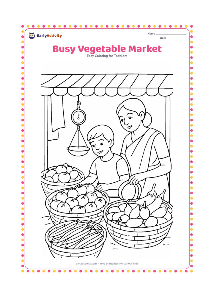 Colouring page: A child and an adult choose vegetables at a friendly Indian market stall with baskets of tomatoes, brinjals, okra and pumpkins. Show a simple canopy, hanging cloth panels and a weighing…