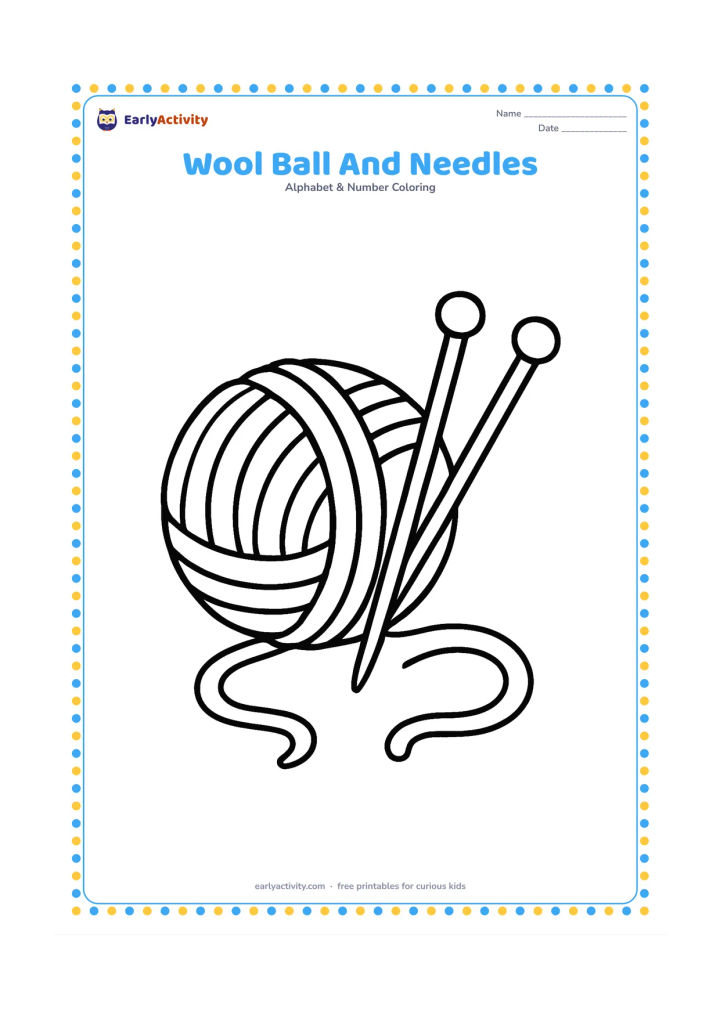 Colouring page: Draw a large ball of wool with two oversized knitting needles resting beside it and a short loose strand curling across the floor. Keep the surrounding area empty.