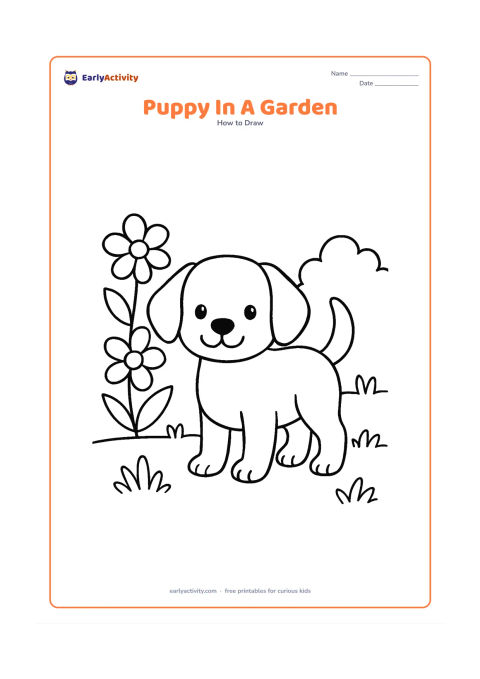 Worksheet: Show blank, unlabeled stages that build a standing puppy from circles and ovals, then add a few large flowers, grass and one bush around it. Keep the puppy as the main central subject.