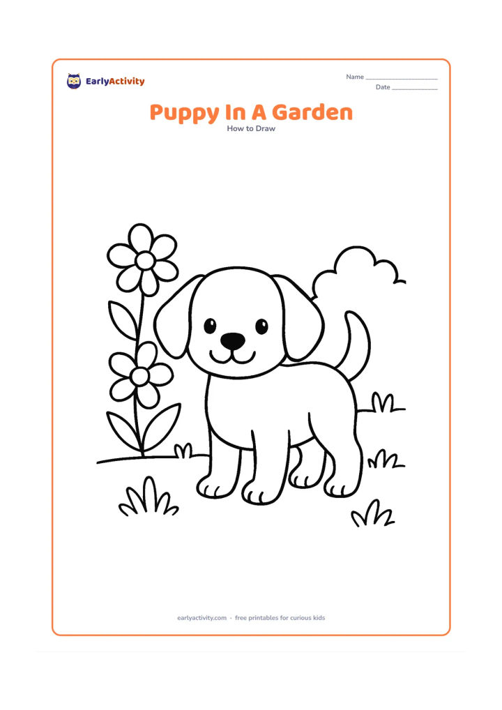Worksheet: Show blank, unlabeled stages that build a standing puppy from circles and ovals, then add a few large flowers, grass and one bush around it. Keep the puppy as the main central subject.