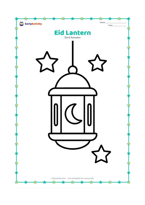 Colouring page: One large hanging lantern with a rounded top, simple panels, and a crescent-shaped cutout. Add two or three large stars around it and a short hanging cord.