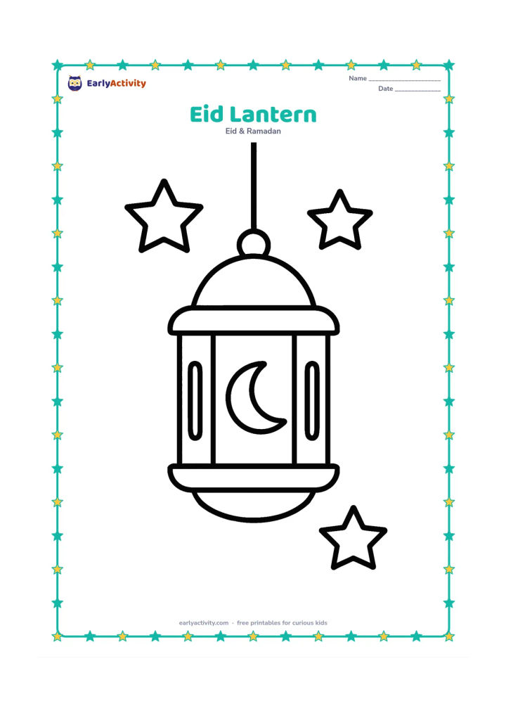Colouring page: One large hanging lantern with a rounded top, simple panels, and a crescent-shaped cutout. Add two or three large stars around it and a short hanging cord.