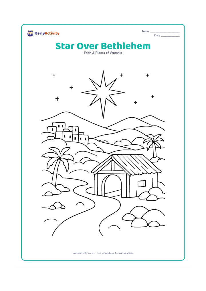 Colouring page: Show the guiding star high above Bethlehem at night, with a stable in the foreground and a winding path leading toward it. Add clustered hillside homes, palm trees, rocks, distant…