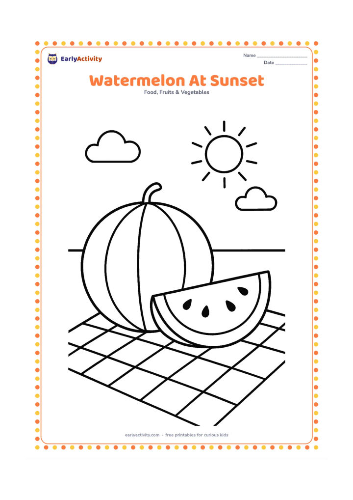Colouring page: Draw a whole watermelon and one slice on a picnic cloth beneath a low sun and two simple clouds. Use a clear horizon line and large open sky.