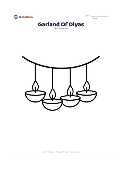 Worksheet: Four large simple diyas hang in a gentle row from a curved string, each with one flame and a plain bowl.