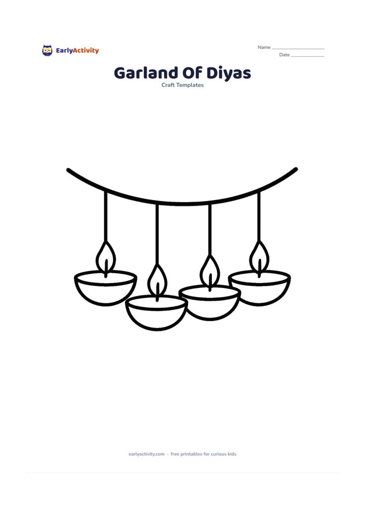Worksheet: Four large simple diyas hang in a gentle row from a curved string, each with one flame and a plain bowl.