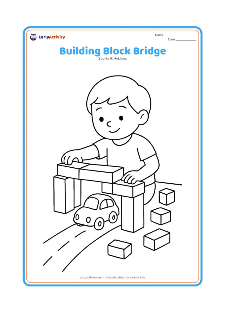 Colouring page: A child builds a block bridge over a toy road, with a small toy car waiting underneath and loose blocks arranged nearby. Show the bridge's balanced supports clearly.