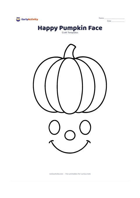 Worksheet: A large pumpkin outline with two big oval eyes, a round nose, and a wide smiling mouth shown as separate simple face pieces underneath. Keep the pumpkin sections broad and the face cheerful.