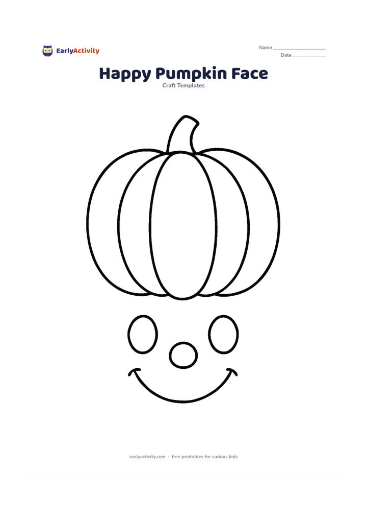 Worksheet: A large pumpkin outline with two big oval eyes, a round nose, and a wide smiling mouth shown as separate simple face pieces underneath. Keep the pumpkin sections broad and the face cheerful.