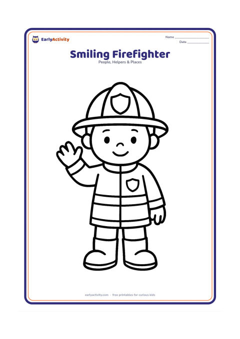 Colouring page: Draw one friendly firefighter standing and waving, wearing a helmet, coat and boots, with a plain shield-shaped badge on the coat. Use a clean open composition with no background clutter.