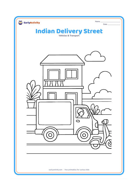 Colouring page: A delivery truck drives along a quiet Indian neighbourhood street with a low house, balcony, potted plants and a scooter parked nearby. Show the truck in side view with a neat cargo box.
