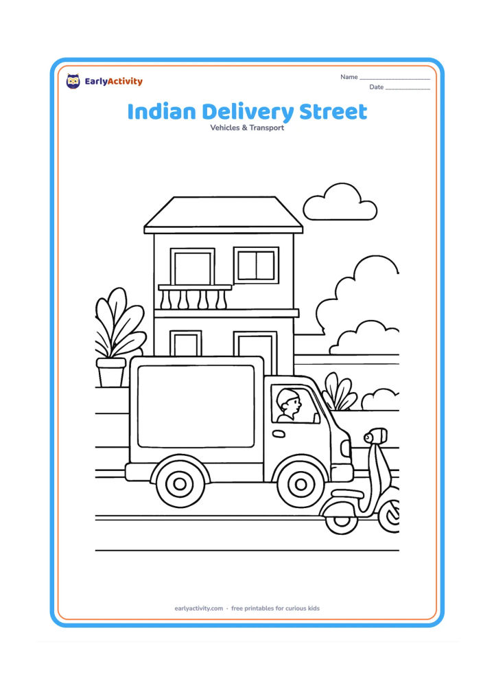 Colouring page: A delivery truck drives along a quiet Indian neighbourhood street with a low house, balcony, potted plants and a scooter parked nearby. Show the truck in side view with a neat cargo box.