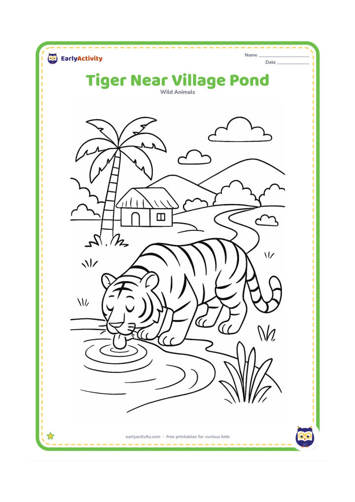 Colouring page: A tiger drinks from the edge of a quiet pond near an Indian village landscape, with a small thatched shelter, palm tree, earthen path, and water plants in the distance. No people or…