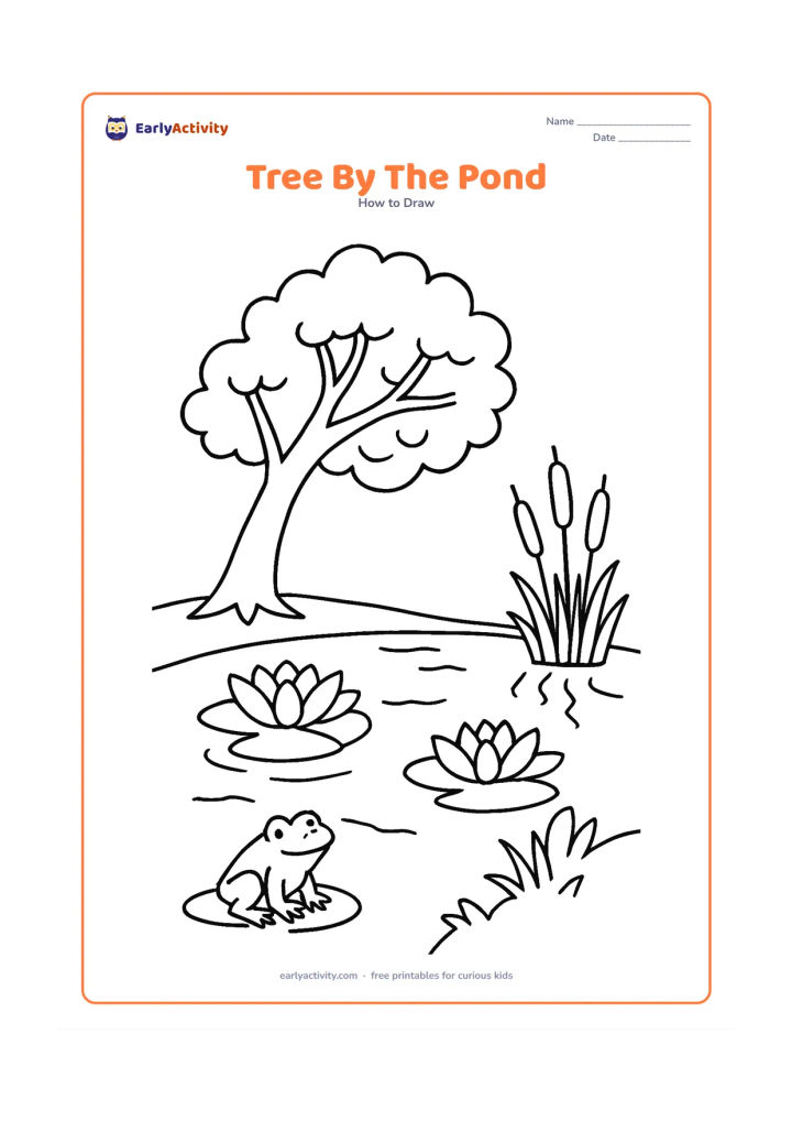 Worksheet: Show a tree leaning gently over a pond, with reflected branches in the water, two large water lilies, reeds and a frog near the bank. Include a few uneven leaf groups.