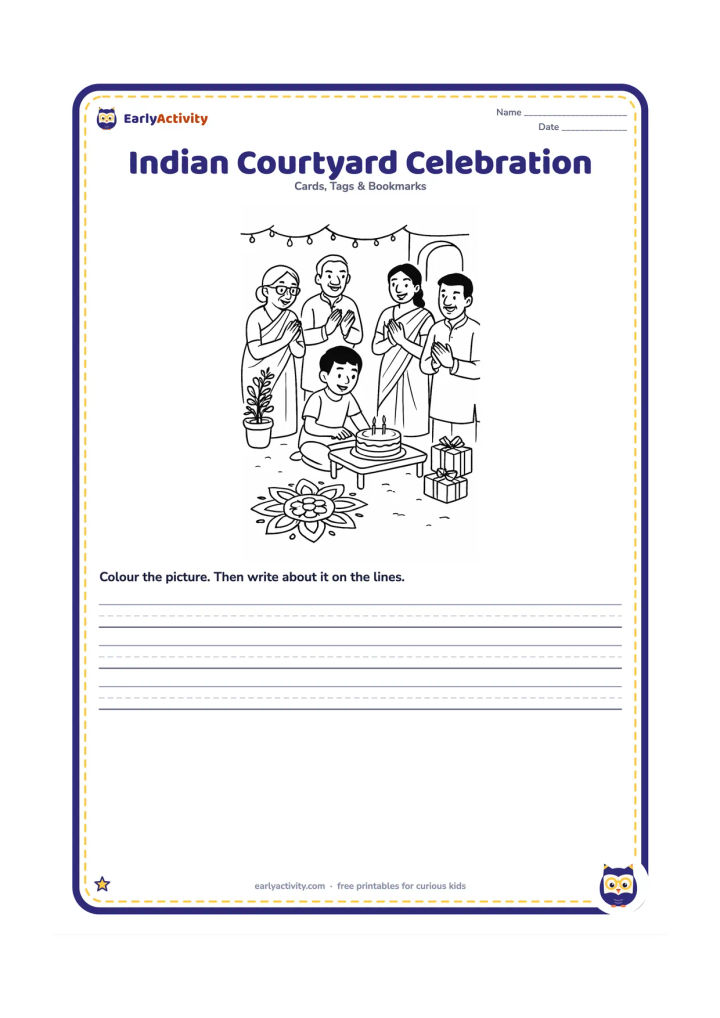Worksheet: Draw a family birthday celebration in an Indian courtyard, with a child cutting a cake on a low table while relatives clap nearby. Include a rangoli with simple repeating shapes, string…