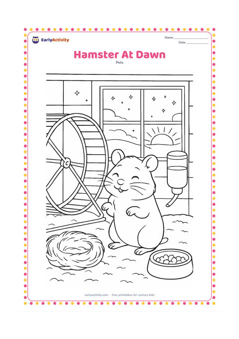 Colouring page: A hamster finishes an active night beside its wheel as early sunlight appears through a window, with fading stars above the horizon. Include a nest, food dish, water bottle and layered…