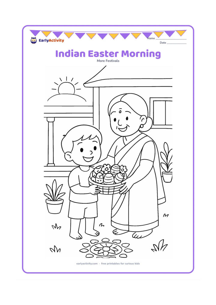 Colouring page: A child and grandparent stand outside an Indian home holding a basket of decorated eggs and flowers. Include a simple veranda, potted plants, a rangoli-inspired circular flower pattern…