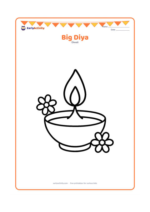 Colouring page: A single large diya with a tall flame, two simple flower petals beside it, and a wide empty background for easy colouring. Center the diya with thick, rounded outlines and no surface…