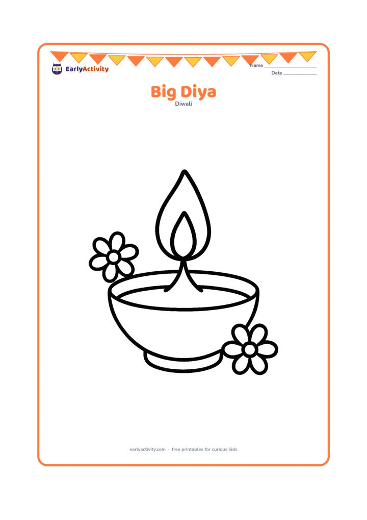 Colouring page: A single large diya with a tall flame, two simple flower petals beside it, and a wide empty background for easy colouring. Center the diya with thick, rounded outlines and no surface…