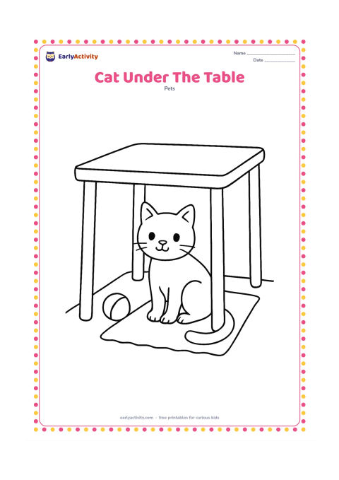 Colouring page: Draw a cat sitting beneath a simple table, looking out between its four legs. Add a small ball and a plain rug under the table.