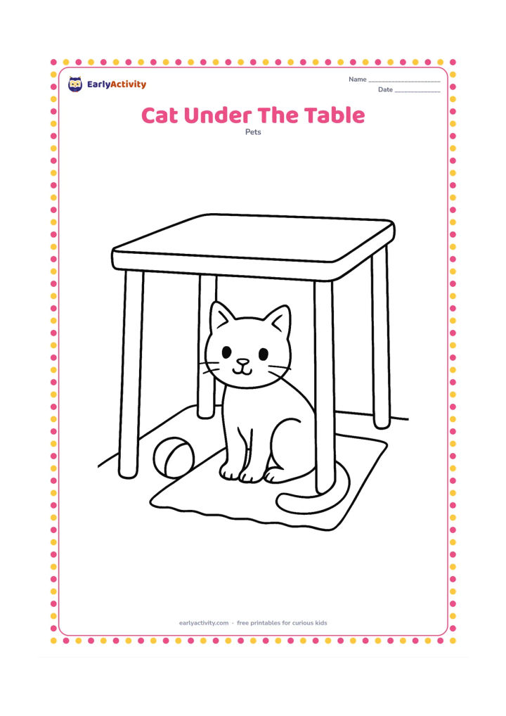 Colouring page: Draw a cat sitting beneath a simple table, looking out between its four legs. Add a small ball and a plain rug under the table.