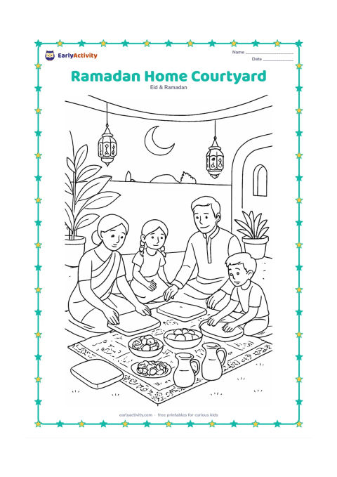 Colouring page: Draw an Indian home courtyard prepared for an evening meal, with a family laying out floor cushions, patterned serving cloths, dates, water jugs, fruit, hanging lanterns, plants, and a…